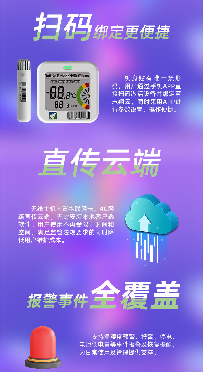 支持溫濕度監(jiān)控預(yù)警、報(bào)警、停電、電池低電量等事件報(bào)警及恢復(fù)提醒，為日常使用及管理提供支撐。