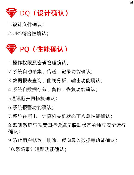 溫濕度監(jiān)測系統(tǒng)GMP驗證PQ項目內(nèi)容有操作權(quán)限及密碼管理確認(rèn) 、系統(tǒng)自動采集、傳送、記錄功能確認(rèn)、數(shù)據(jù)報表查詢、曲線分析、輸出功能確認(rèn)、系統(tǒng)自數(shù)據(jù)存儲、備份、恢復(fù)功能確認(rèn)、通訊斷開再恢復(fù)確認(rèn)、系統(tǒng)報警功能確認(rèn)、系統(tǒng)在斷電、計算機關(guān)機狀態(tài)下應(yīng)急性能確認(rèn)、監(jiān)測系統(tǒng)與溫度調(diào)控設(shè)施無聯(lián)動狀態(tài)的獨立安全運行確認(rèn)、防止用戶修改、刪除、反向?qū)霐?shù)據(jù)等功能確認(rèn)、系統(tǒng)審計追蹤功能確認(rèn)、系統(tǒng)性能效率確認(rèn)、系統(tǒng)參數(shù)設(shè)置確認(rèn)。