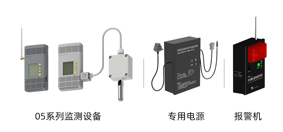 部分設(shè)備展示：05系列溫濕度監(jiān)測設(shè)備、報(bào)警機(jī)