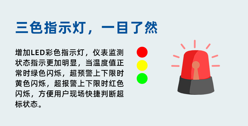 溫度監(jiān)控儀表增加報(bào)警狀態(tài)指示燈。機(jī)身正面頂部增加LED彩色指示燈，儀表監(jiān)測狀態(tài)指示更加明顯，當(dāng)溫度值正常時(shí)綠色閃爍，當(dāng)溫度監(jiān)測值超預(yù)警上下限時(shí)黃色閃爍，當(dāng)溫度監(jiān)控值超報(bào)警上下限時(shí)紅色閃爍，方便用戶現(xiàn)場快捷判斷超標(biāo)狀態(tài)。